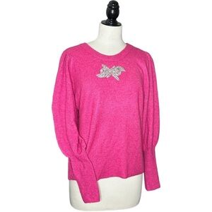 CeCe Barbie Pink Crew Neck Long Sleeve Sequin Bead Bow Sweater M